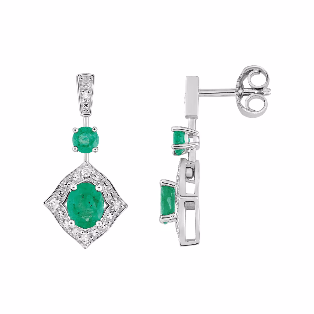 Boucles d’Oreilles Pendantes Emeraude Emy Or Blanc