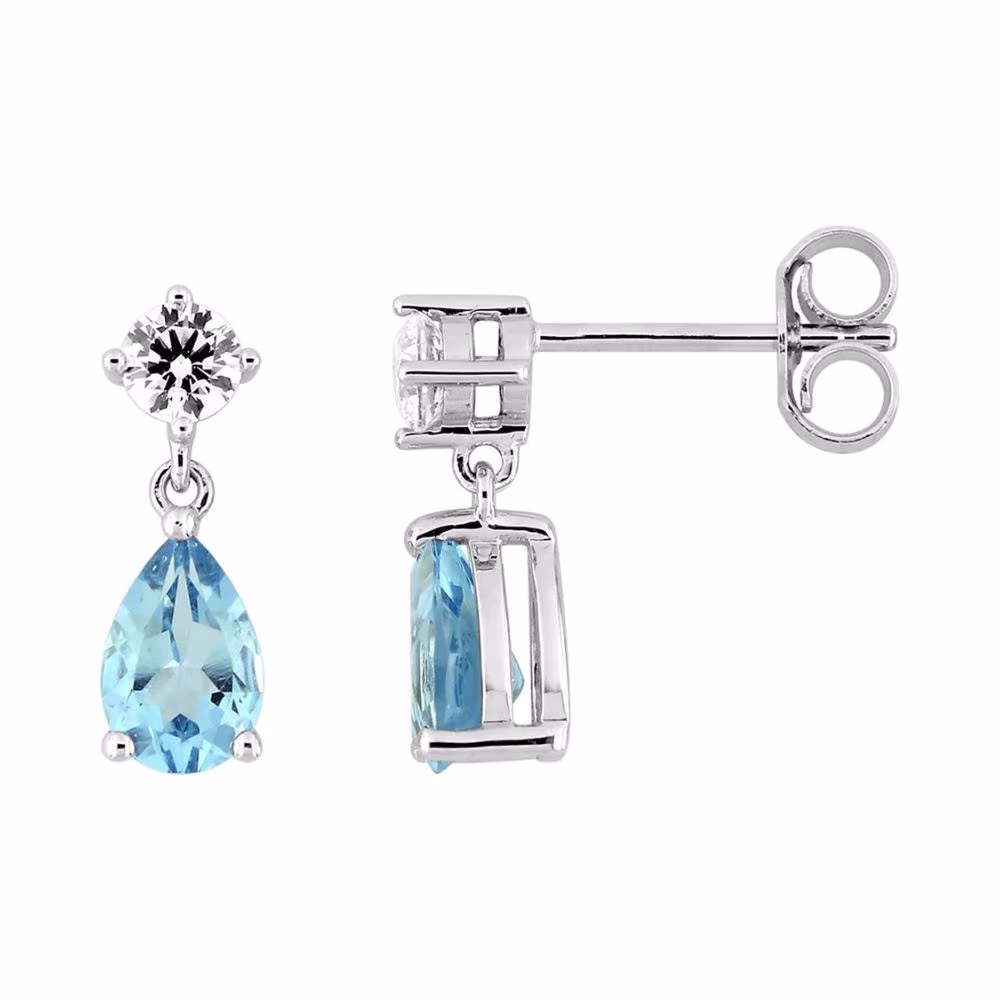 Boucles d’oreilles topaze bleue poire et oxyde en or blanc 9 carats