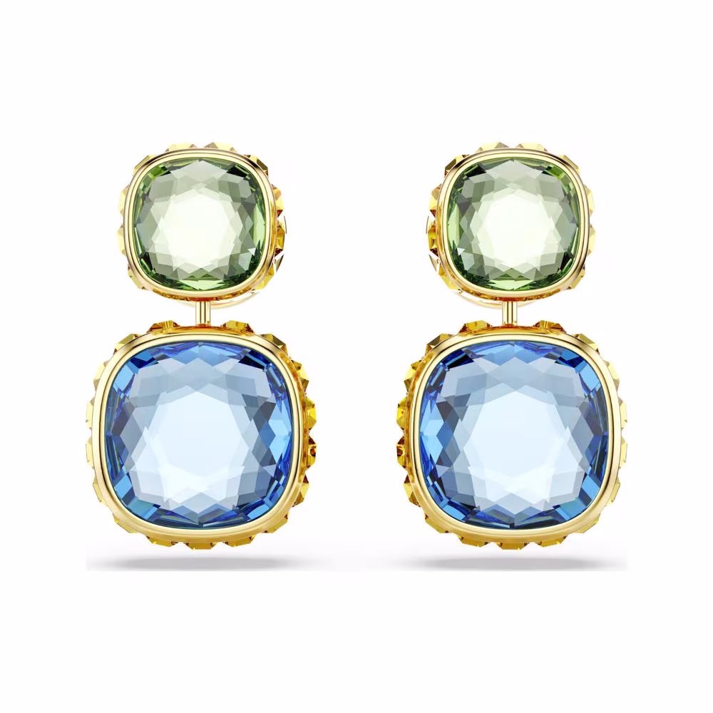 Pendants d&rsquo;Oreilles Swarovski Chroma asymétriques, dorées, multicolores