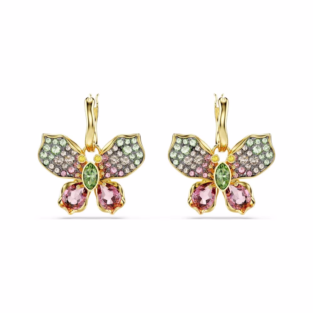 Boucles d&rsquo;Oreilles Swarovski Idyllia, papillons, dorées, multicolores