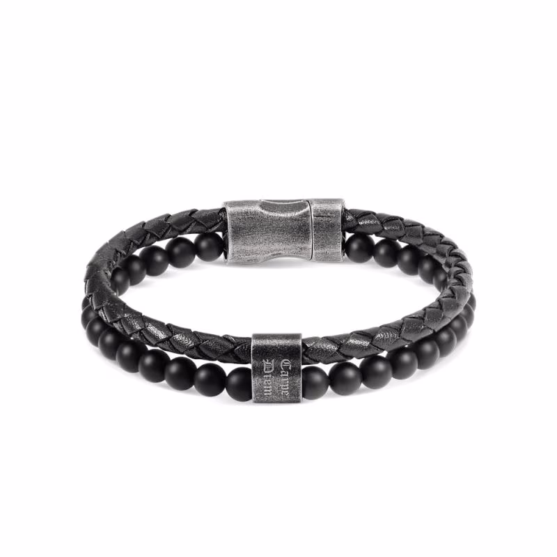 Bracelet Agates Noires et Cuir Noir Rochet Karma