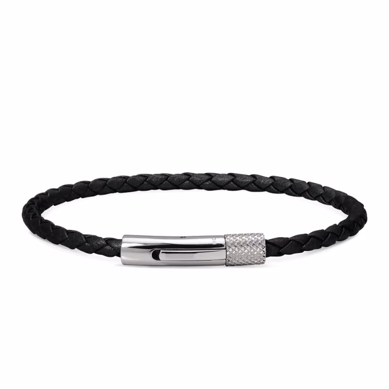Bracelet Rochet Driver, cuir marron tressé et acier