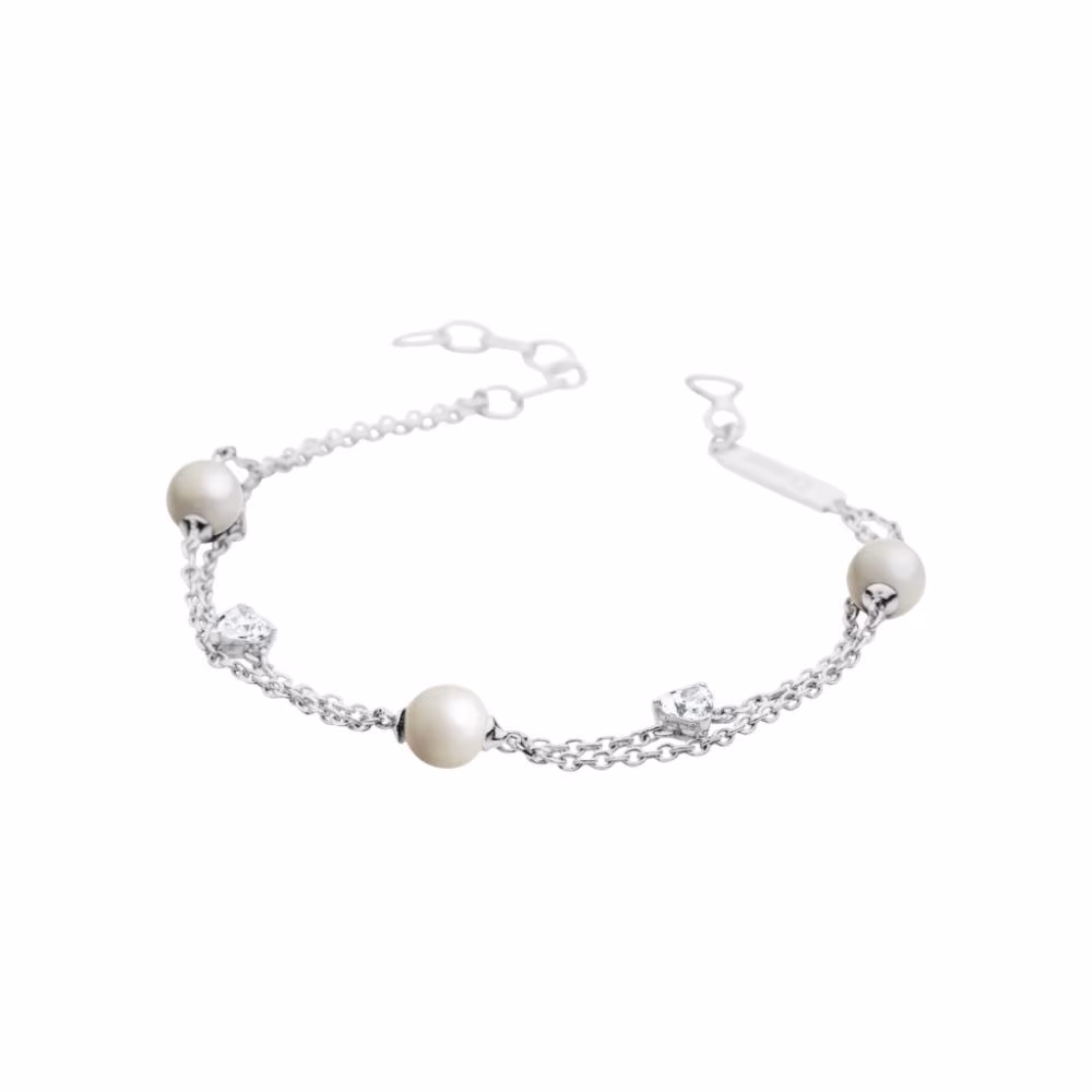 Bracelet double chaine Elsa Lee Pureté, argent, oxydes et perles