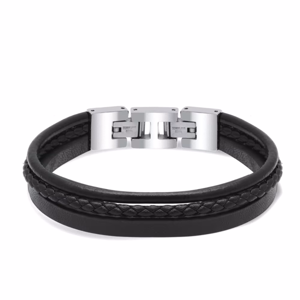 Bracelet Rochet Stanford, cuir noir et acier