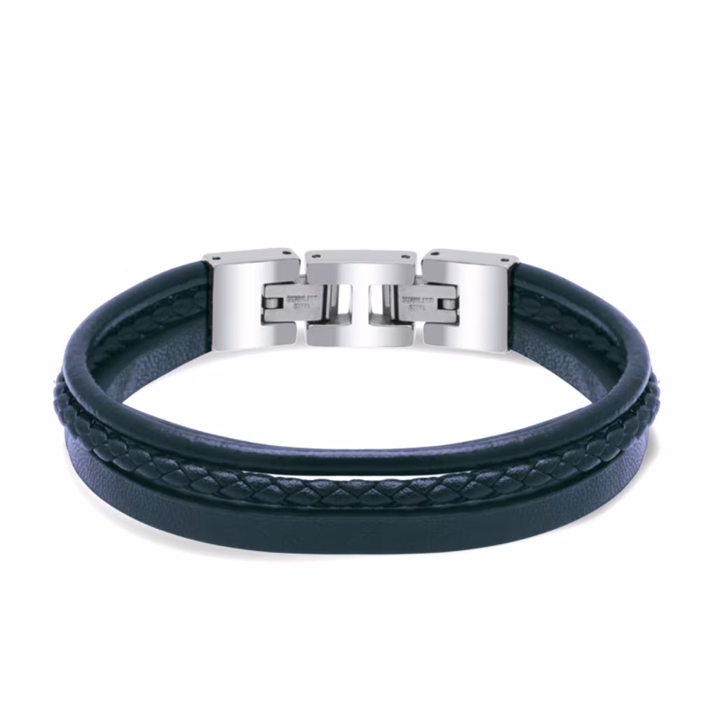 Bracelet Rochet Stanford, cuir bleu et acier