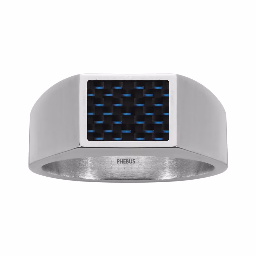 Chevalière Phebus Severin Acier & Carbone Bleu