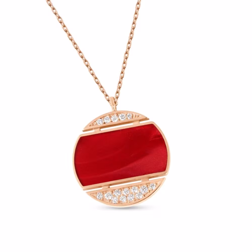 Collier Clozeau Athéna, résine rouge, or rose & diamants