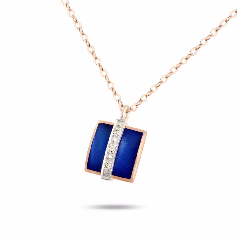 Collier Clozeau Hélèna résine bleu de Prusse, or rose & 3 diamants