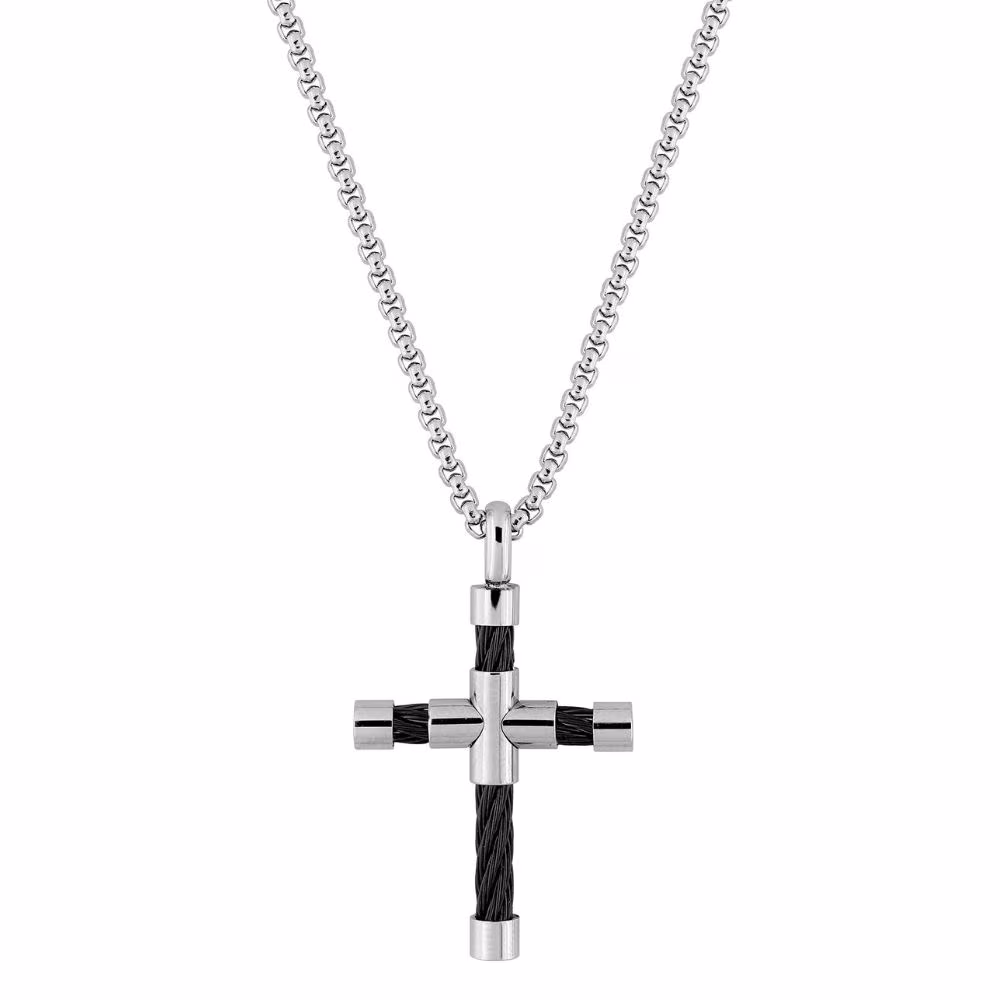 Collier Croix Acier & Cable Noir – Image 2
