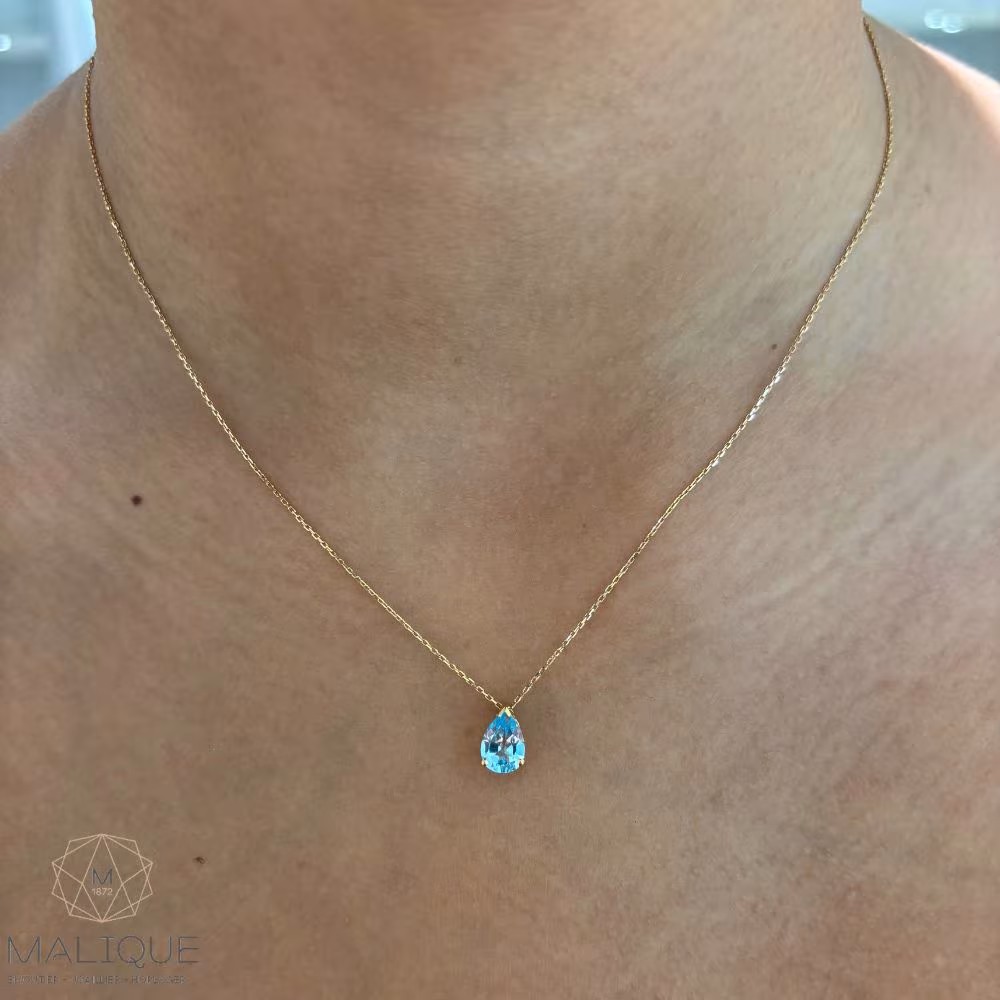 Collier pendentif topaze bleue forme poire or jaune – Image 3