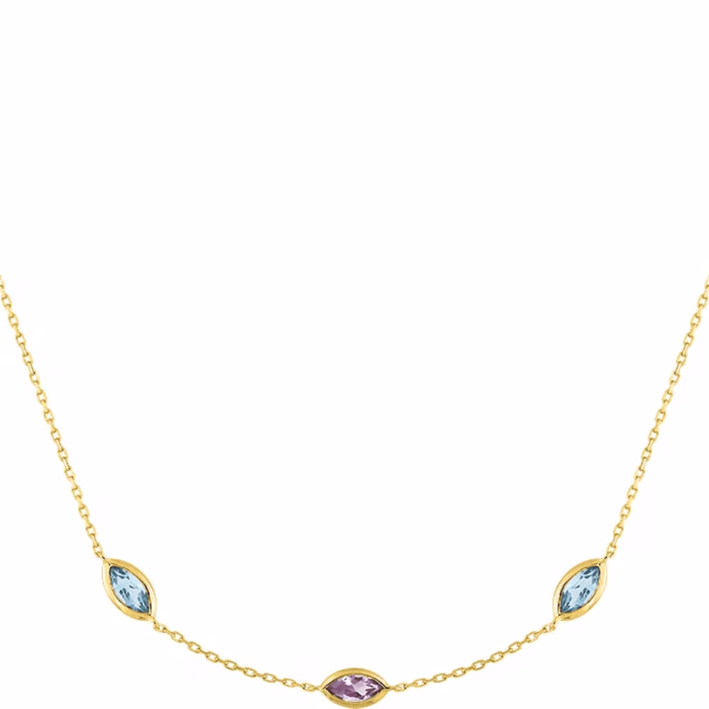 Collier Arlequin, améthyste et topazes bleues, or jaune