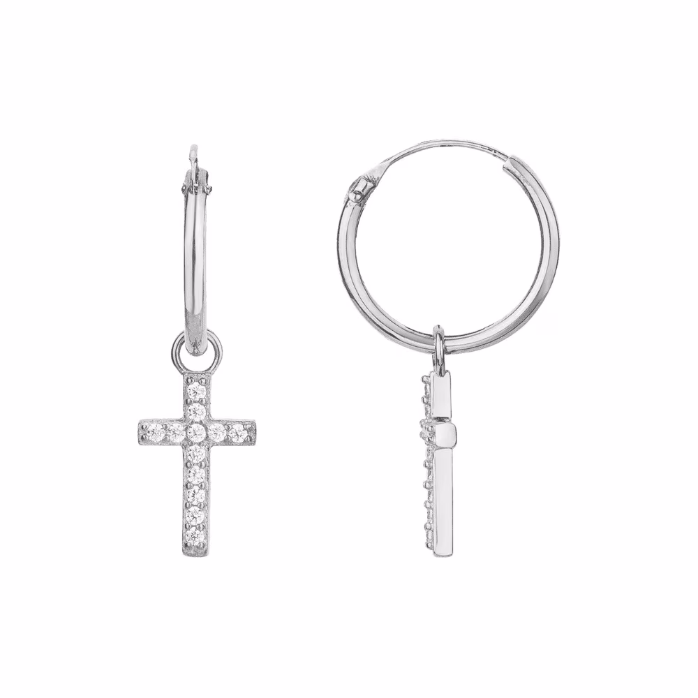 Créoles Argent et Pendentif Croix Oxydes