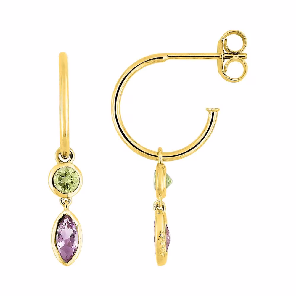 Demi créoles Arlequin améthyste & péridot or jaune