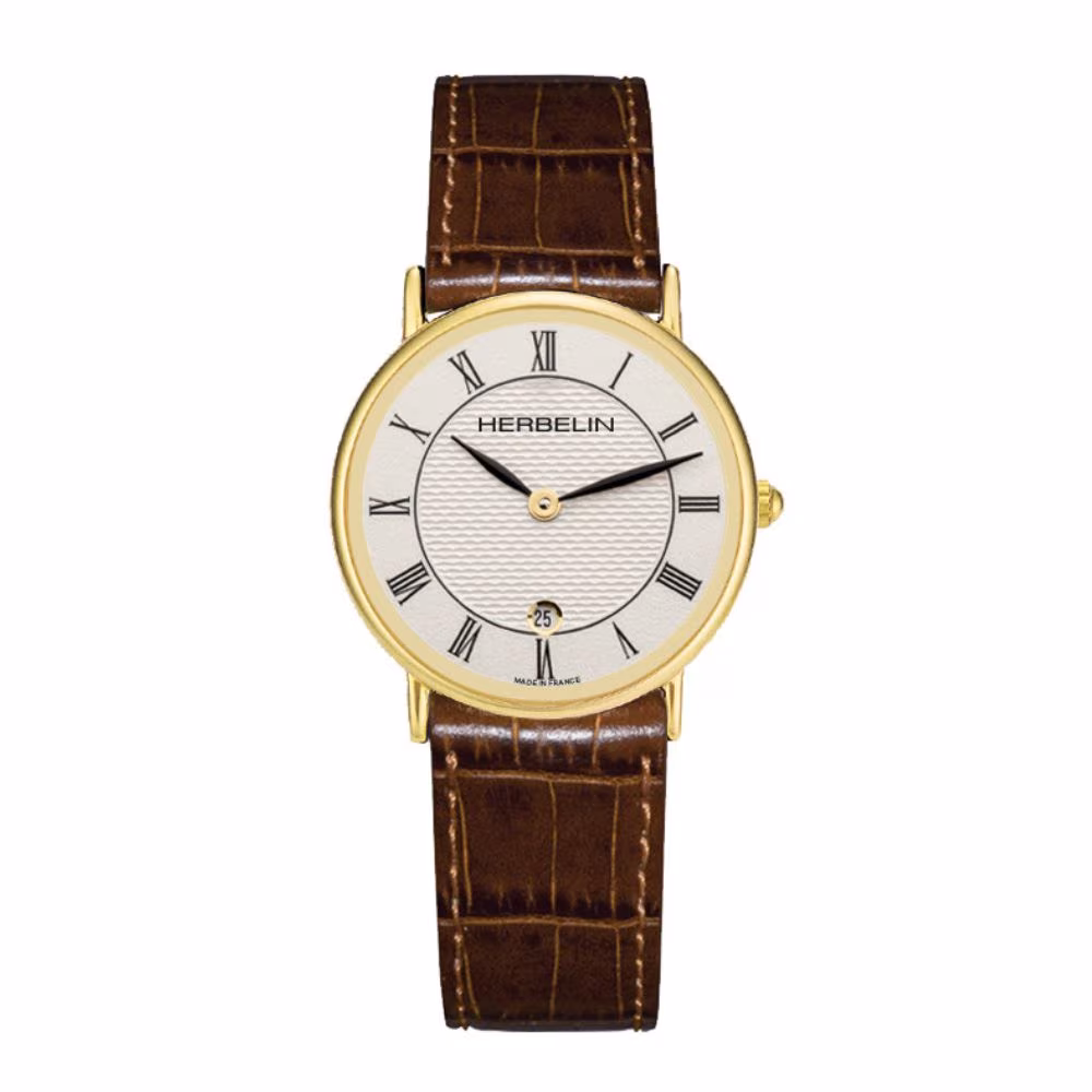 Montre femme Herbelin Classique, boitier doré, cuir marron