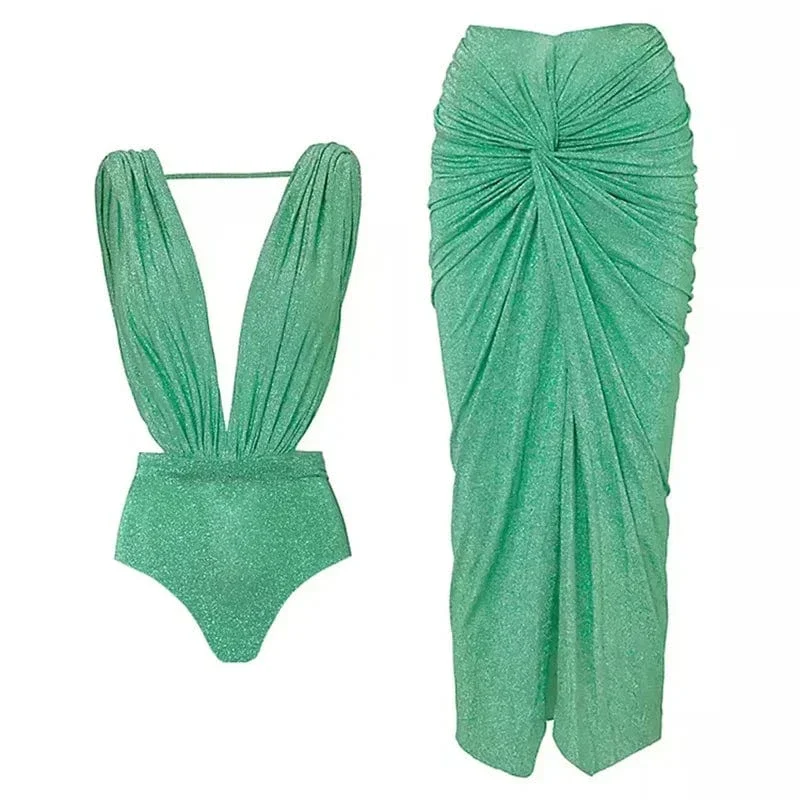 Maillot de bain sexy vert avec jupe assortie – Image 4