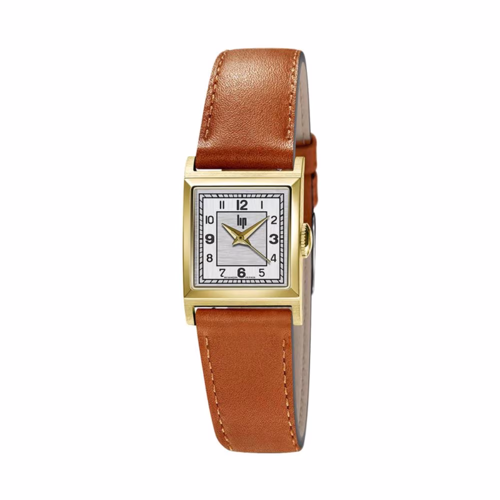 Montre Lip Churchill C18 femme, dorée et cuir camel