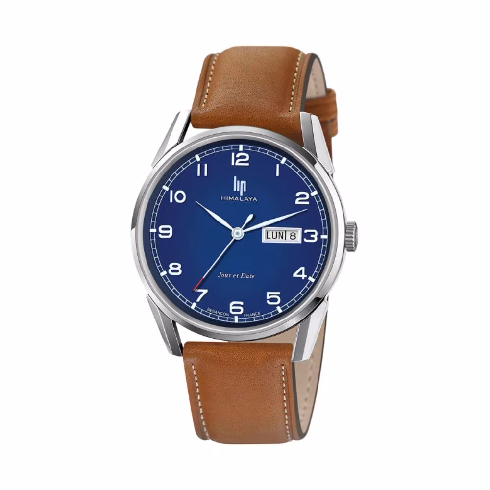 Montre Lip Himalaya 40mm, cadran bleu, jour-date, cuir marron