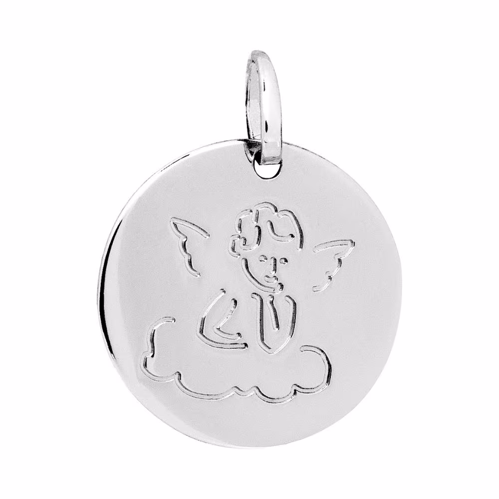 Pendentif Jeton Ange Gravé Or Blanc