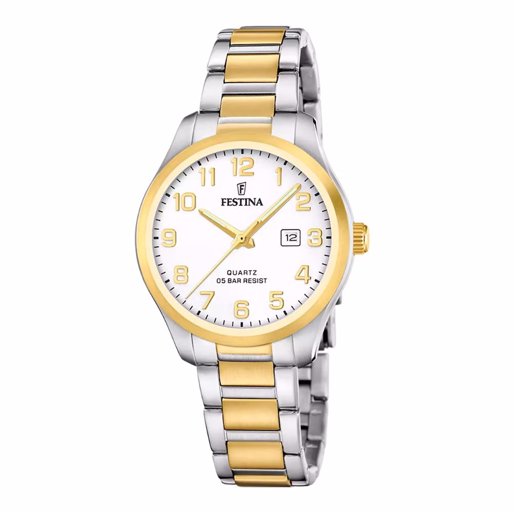 Montre Festina Classics femme, cadran blanc, acier bicolore