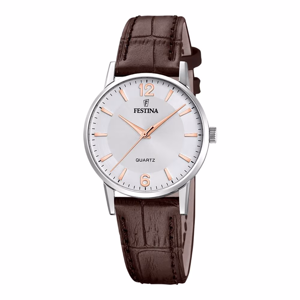 Montre femme Festina Classics, cadran blanc & cuir marron