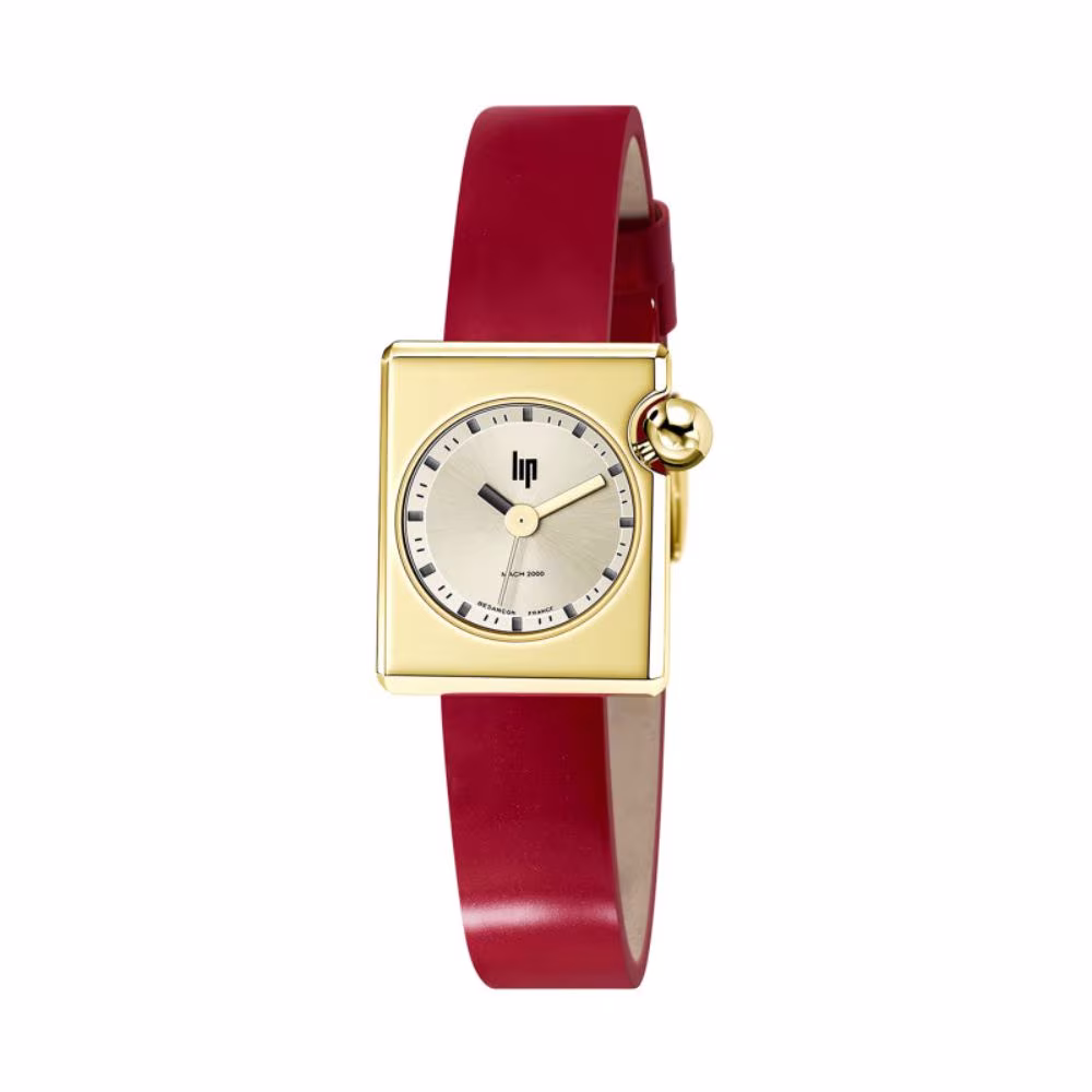 Montre femme Lip Mach 2000 Mini Square dorée cuir rouge 671186