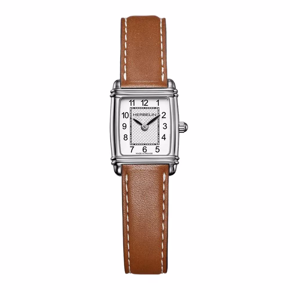 Montre Herbelin Art Déco, acier, cuir camel