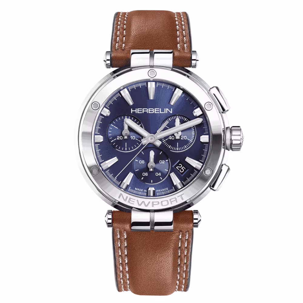 Montre Herbelin Newport Chrono, cadran bleu, cuir marron