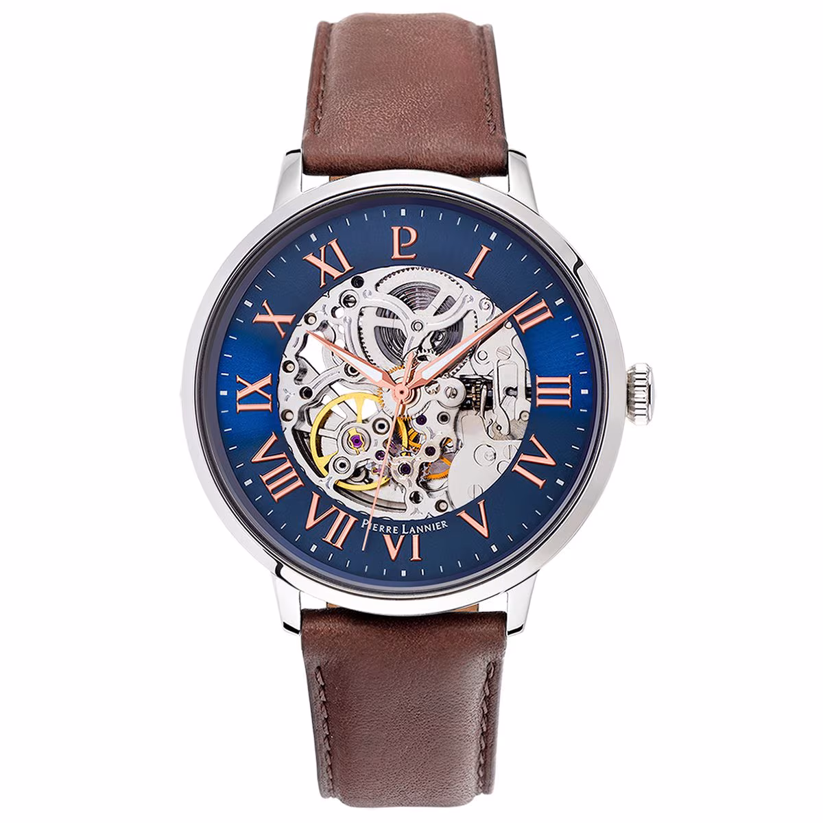 Montre homme Pierre Lannier Automatic bleu cuir marron 322B164