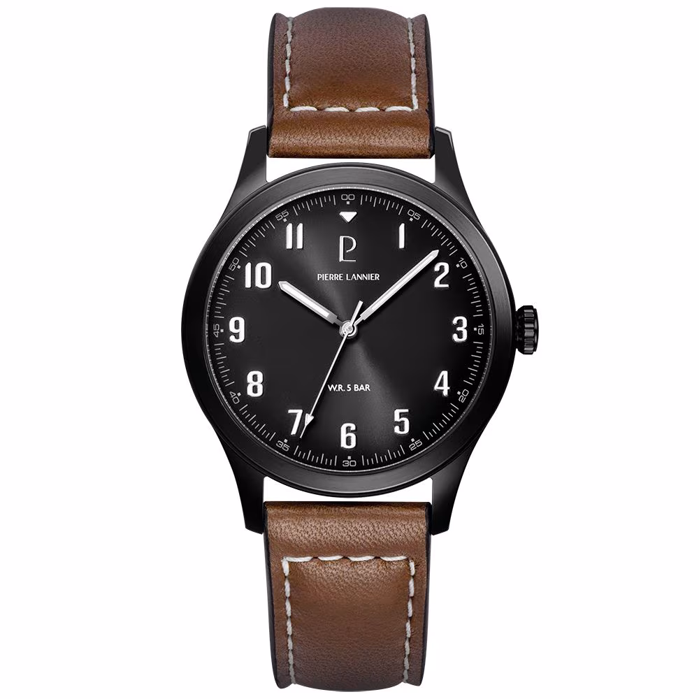 Montre Pierre Lannier Aviateur homme, cadran noir, cuir marron