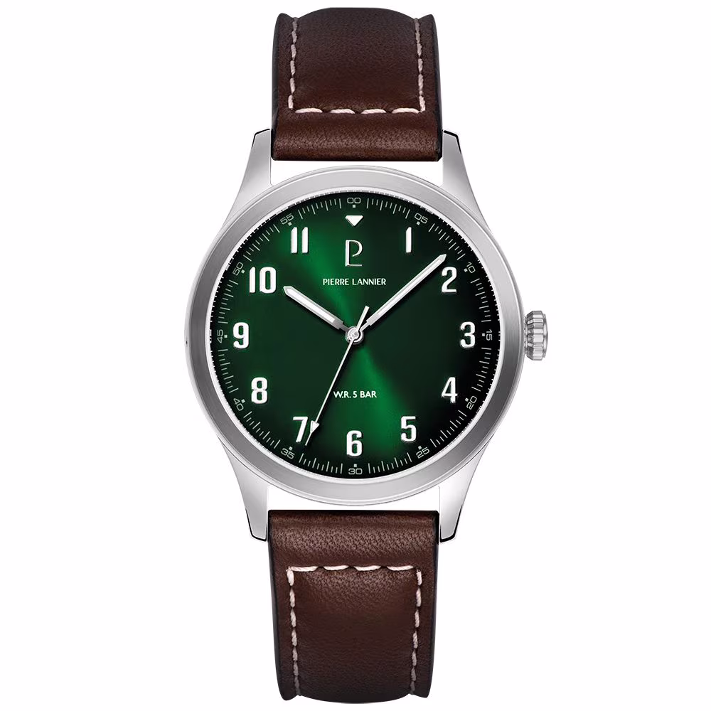 Montre homme Pierre Lannier Aviateur, cadran vert, cuir marron