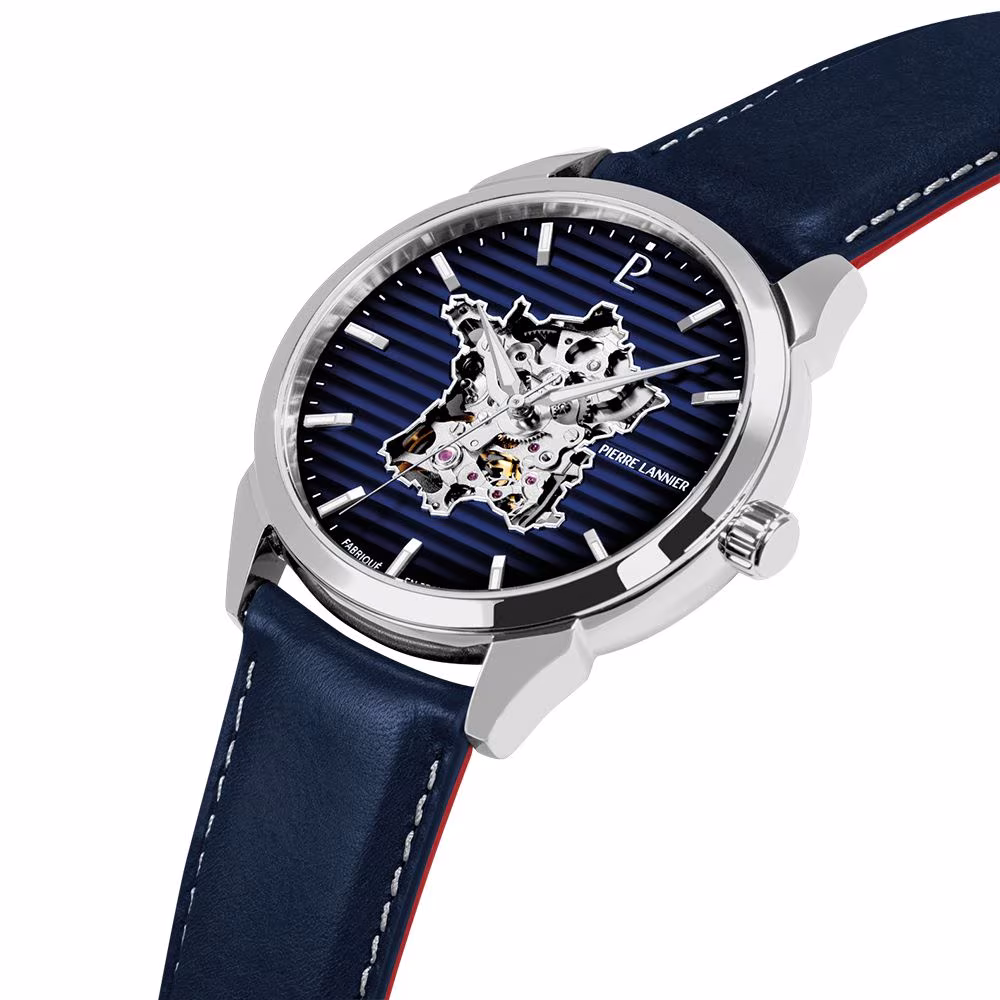 Montre Pierre Lannier Monarck, France, cadran bleu, cuir bleu – Image 4