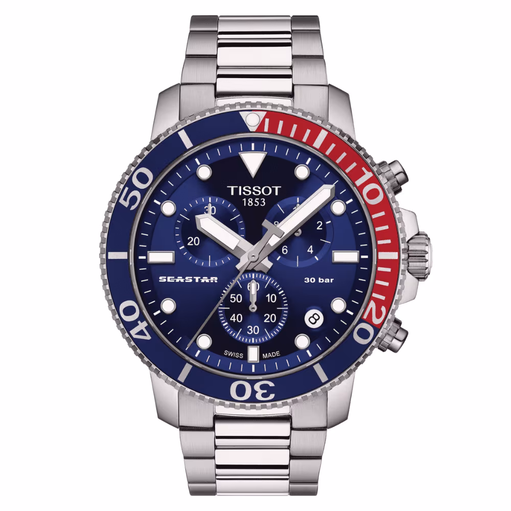 Montre Tissot chrono Seastar 1000 bleue acier T1204171104103
