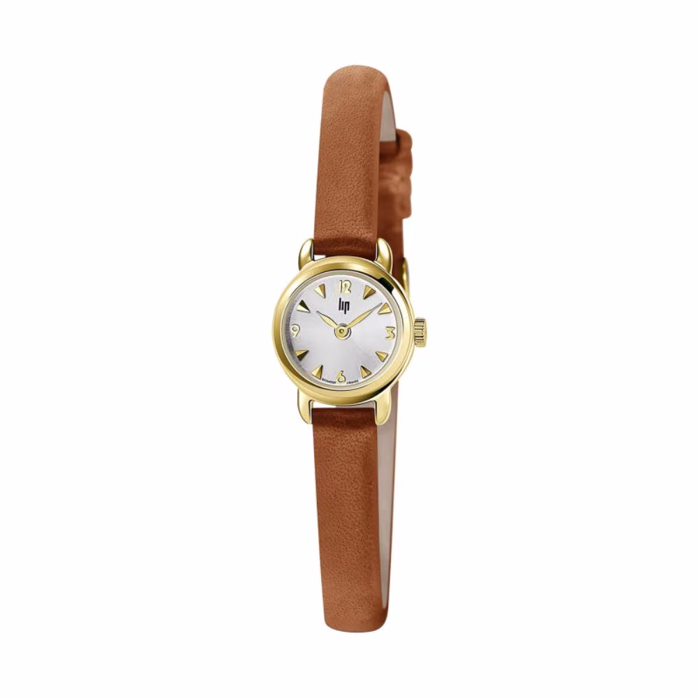 Montre femme Lip Henriette, dorée et cuir marron