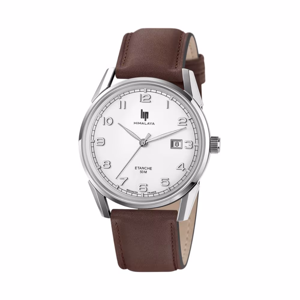 Montre Lip Himalaya 40mm, cadran blanc, cuir marron