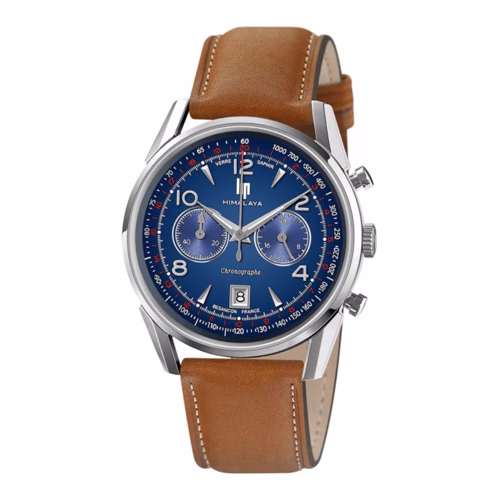 Montre Lip Himalaya chronographe, cadran bleu & cuir marron
