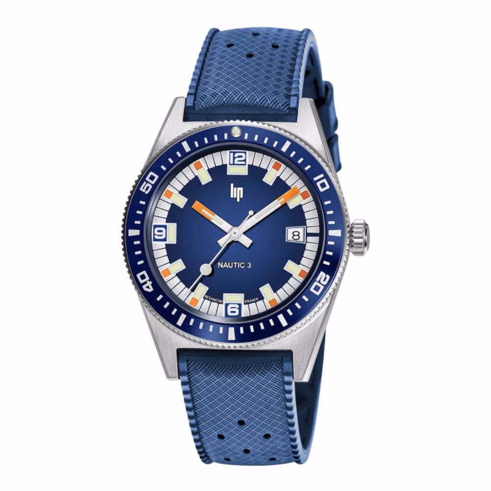 Montre automatique Lip Nautic 3, bleue, bracelet silicone