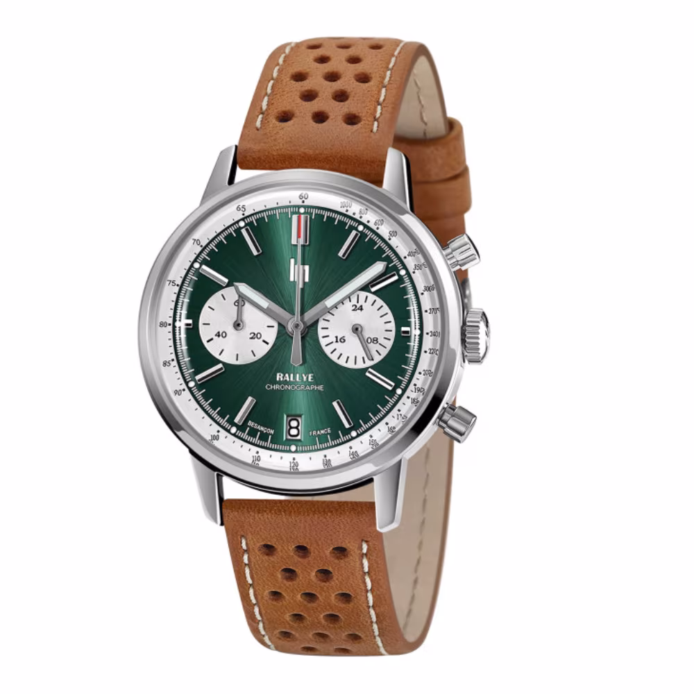 Montre Lip Rallye chronographe, cadran vert, cuir marron
