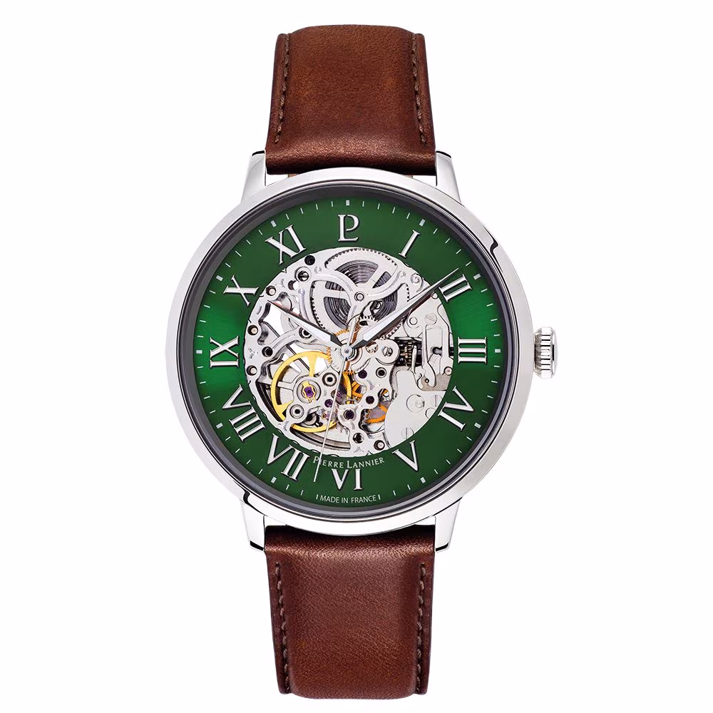 Montre Pierre Lannier Automatic, verte, cuir marron