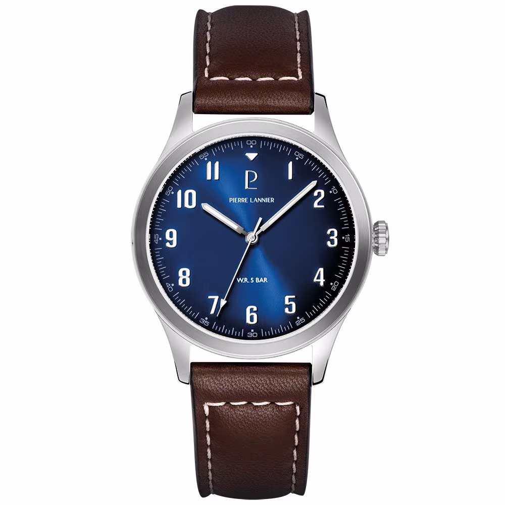 Montre Pierre Lannier Aviateur, cadran bleu, cuir marron