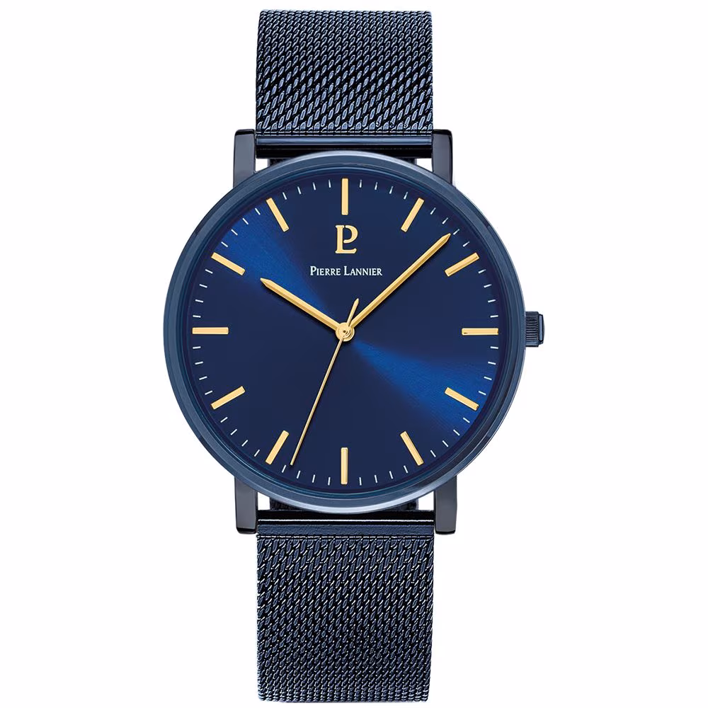 Montre homme Pierre Lannier Essential, acier bleu, aiguilles dorées