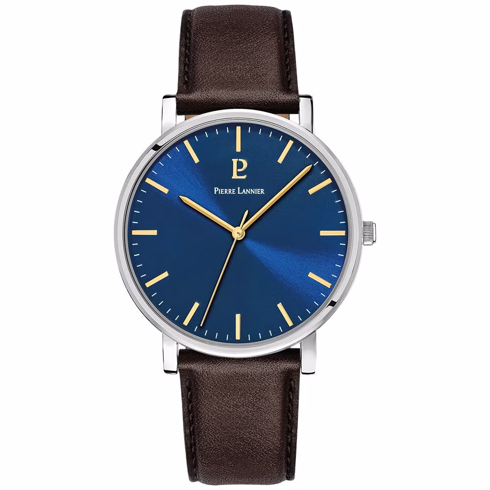 Montre homme Pierre Lannier Essential, cadran bleu, cuir marron