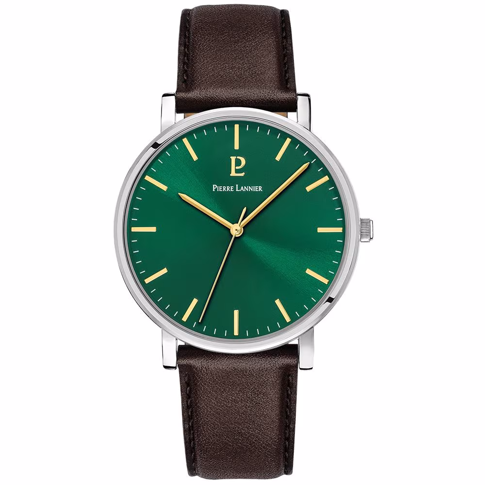 Montre homme Pierre Lannier Essential, cadran vert, cuir marron