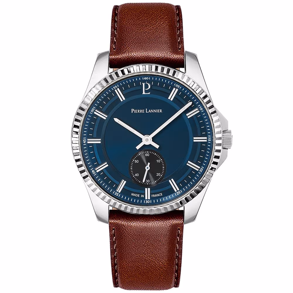 Montre Pierre Lannier Metropolitan, cuir marron, cadran bleu
