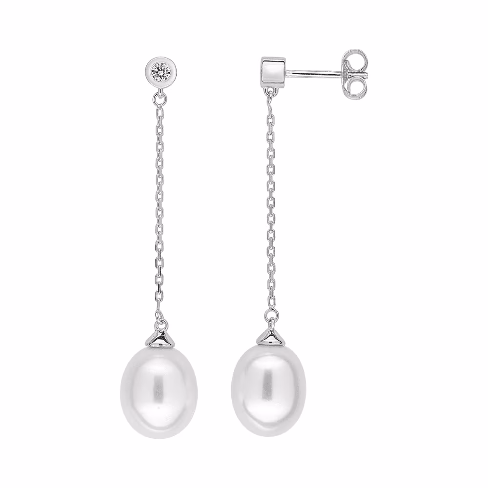 Boucles d&rsquo;Oreilles Perles Blanches Pendantes et Diamants Or Blanc