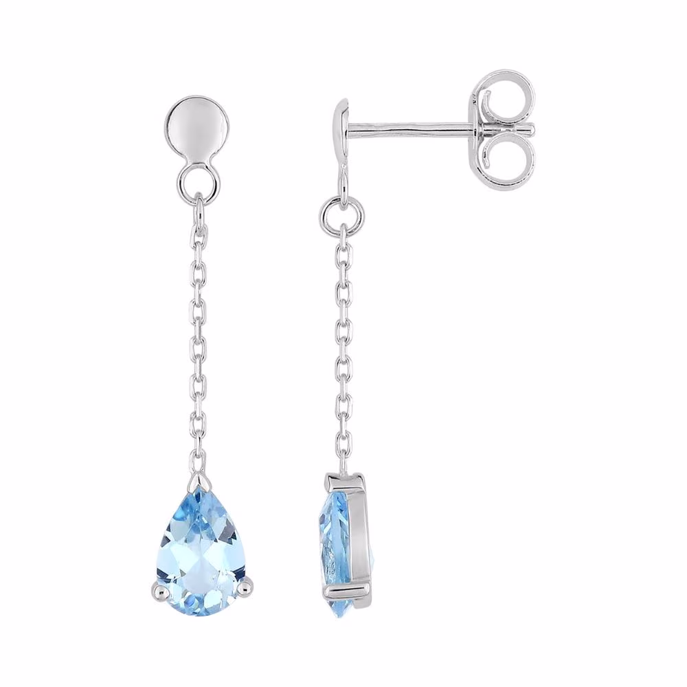 Boucles pendantes topazes bleues poire, or blanc – Image 2