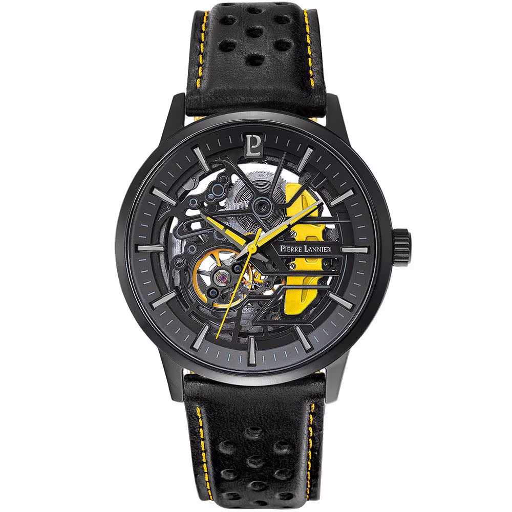 Montre Pierre Lannier Paddock jaune cuir noir 338A443