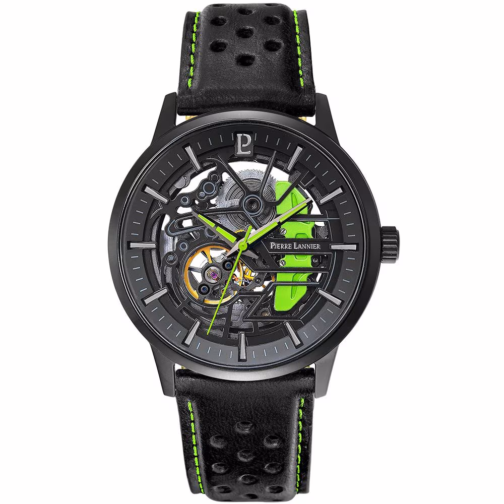 Montre homme Pierre Lannier Paddock, verte, cuir noir