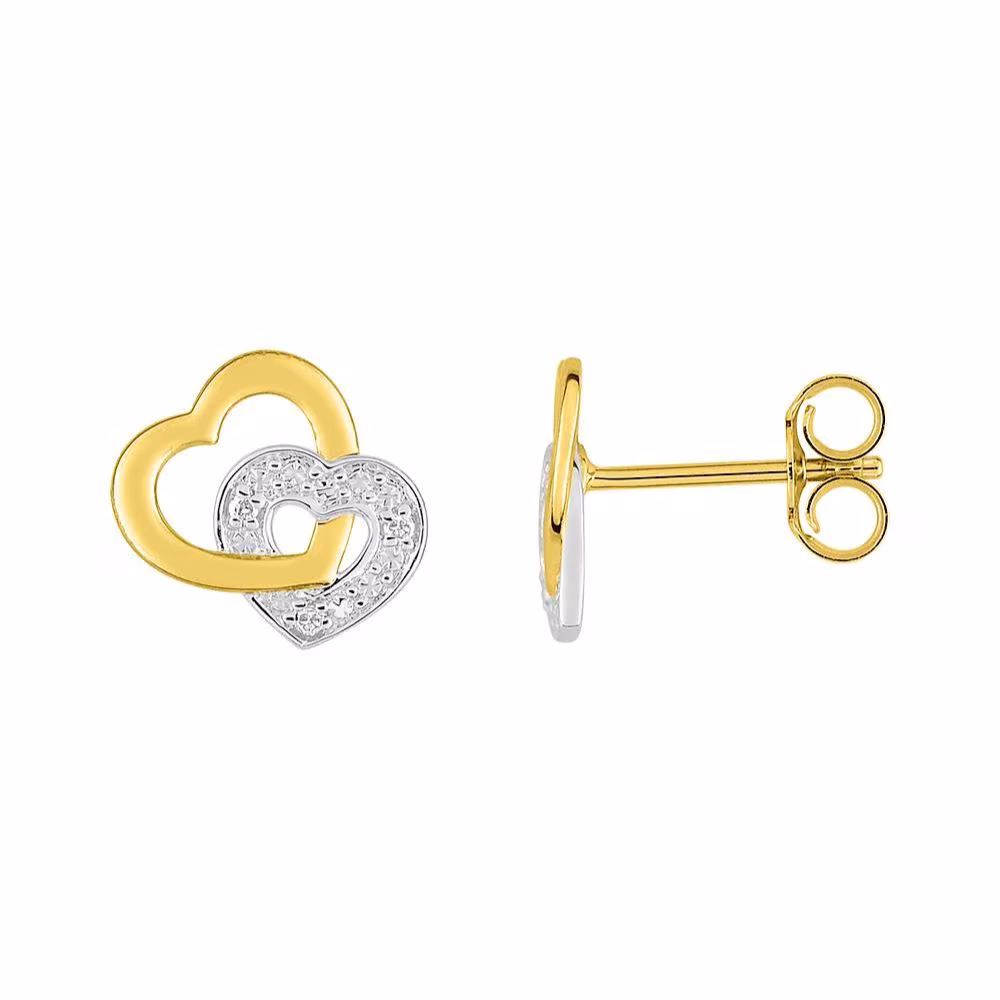 Puces d’oreilles doubles coeurs bicolore et diamants