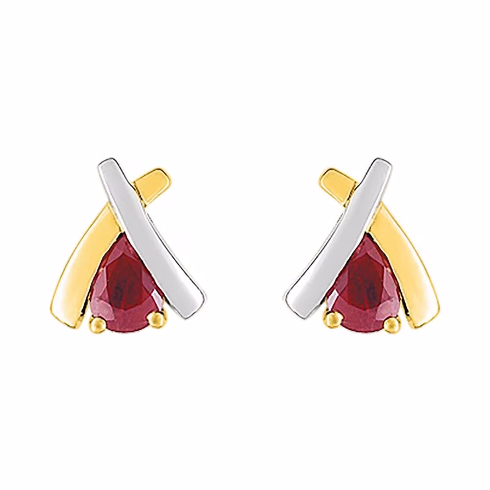 Puces d’oreilles rubis taille poire en or bicolore