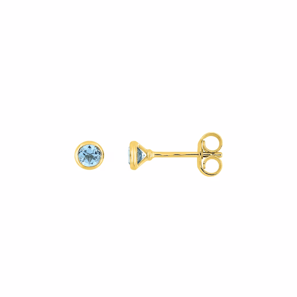 Clous d&rsquo;oreilles topazes bleues sertis clos, or jaune 375